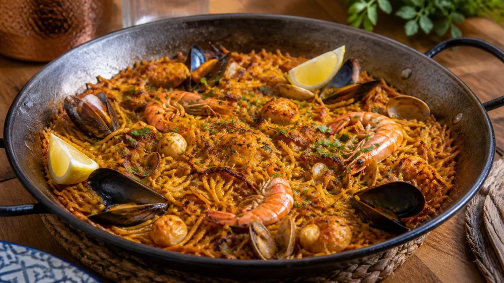 Fideuà at a Spanish Restaurant: Noodles, Seafood, Socarrat, and Timing