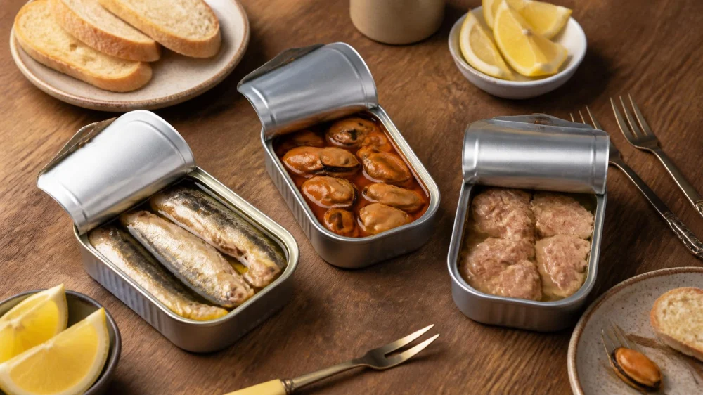 Spanish Conservas at a Restaurant: Seafood, Packing Liquid, and Sharing